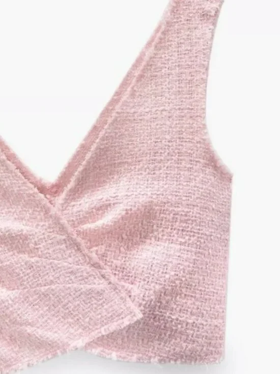 Zara Women's Crop Top Size Medium Pink Tweed V Neckline Sleeveless Festival Y2K - Picture 5 of 10